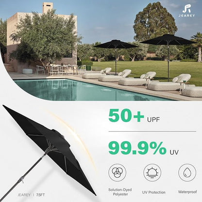 JEAREY 7.5FT Patio Umbrella Market Table Umbrella with 6 Sturdy Ribs, Push Button Tilt/Crank Outdoor Umbrella for Garden, Deck, Backyard, Pool and Beach,Black
