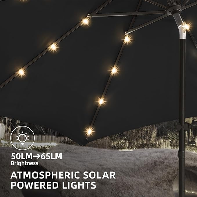 wikiwiki 9ft Solar Led Patio Umbrella, Sturdy Outdoor Market Umbrella for Deck, Pool, Garden w/Tilt, Crank, 32 LED Lights, Carbon Grey