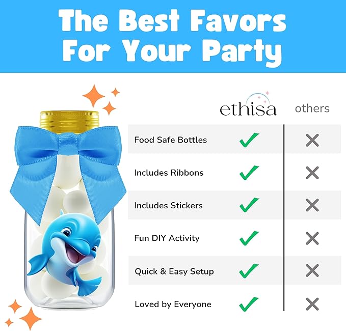 Small 12 Pack Dolphin Party Favors - DIY Candy Jars with Ribbons and Stickers - Party Decoration Bottles for Birthday, School Classroom, and Baby Shower - Dolphin Table Centerpiece for Kids