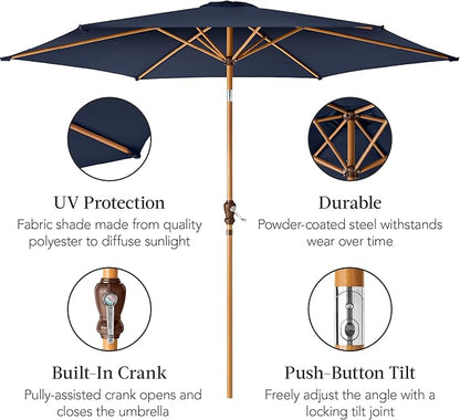 Best Choice Products 10ft Market Umbrella, Outdoor Sun Shade for Backyard, Deck, Poolside, Table w/Woodgrain Pattern, Easy Tilt & Crank - Navy Blue