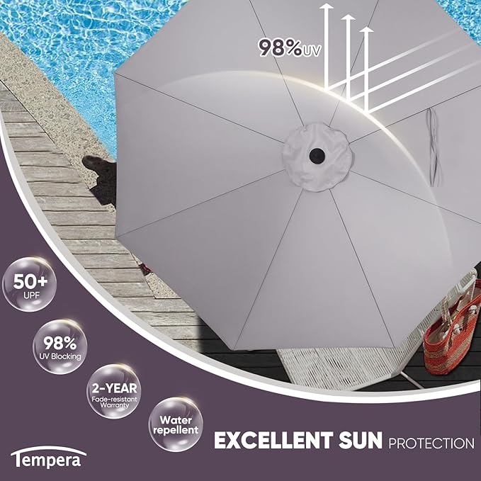 Tempera Patio Market Outdoor Table Umbrella with Push Button Tilt and Crank,Large Sun Umbrella with Sturdy Pole&Fade resistant canopy,Easy to set