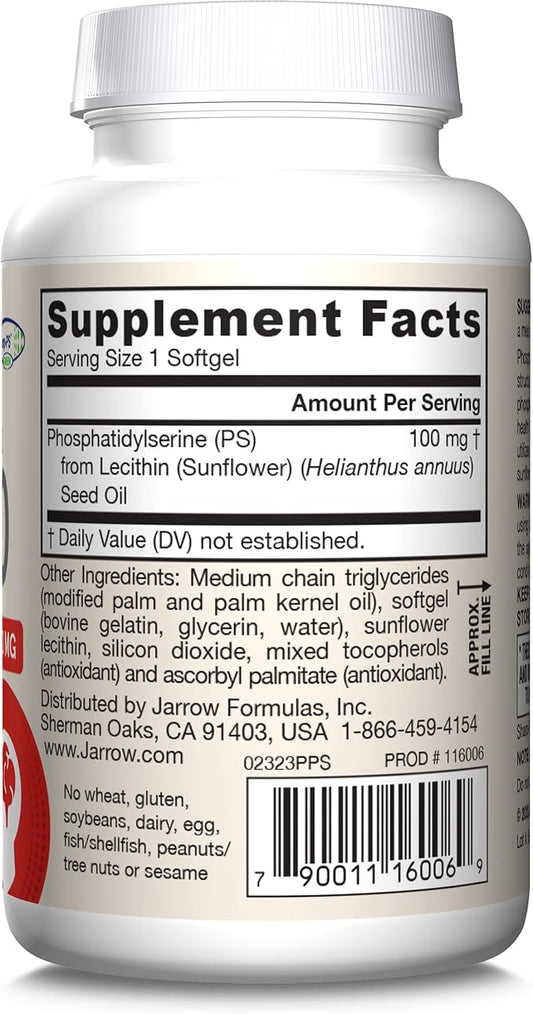 Jarrow Formulas PS100 Phosphatidylserine 100 mg, Dietary Supplement for Brain Health and Cognition Support, 60 Softgels, 20-60 Day Supply