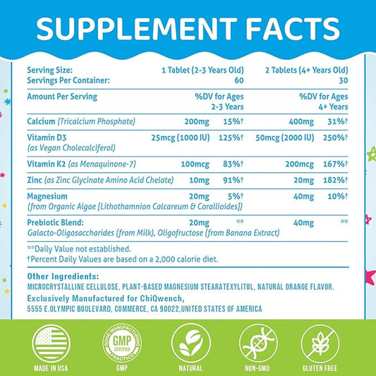 500 MG Calcium Supplement with Vitamin D3 & K2, Zinc, Magnesium & Prebiotics. Kids Vitamins for Kids' Height. Bone Strength, High Absorption, Orange Chewables, Non-GMO, Gluten Free, 60 Tabs