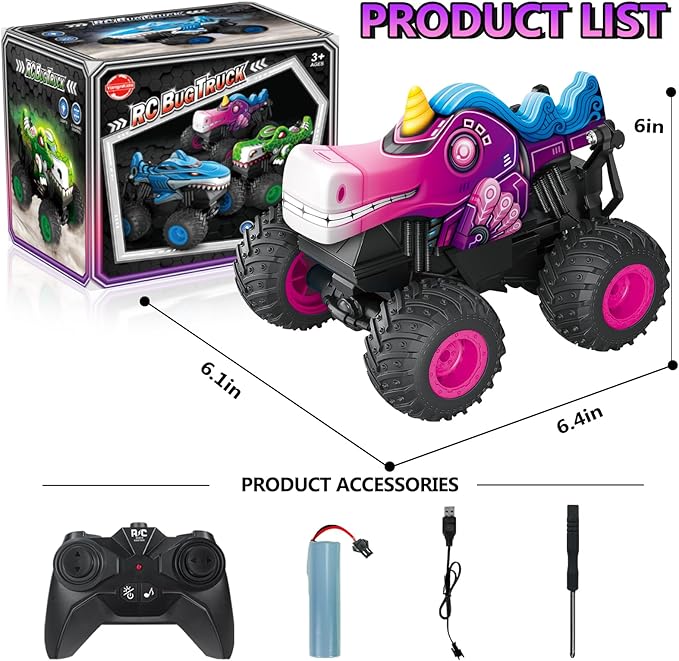 Remote Control Car, 2.4Ghz Unicorn Rc Monster Truck for Boys Girls, Rchargeable Rc Truck with Lights & Music, 360° Rotating Stunts RC Car Toy for Kids 3-5 6 7 8-12