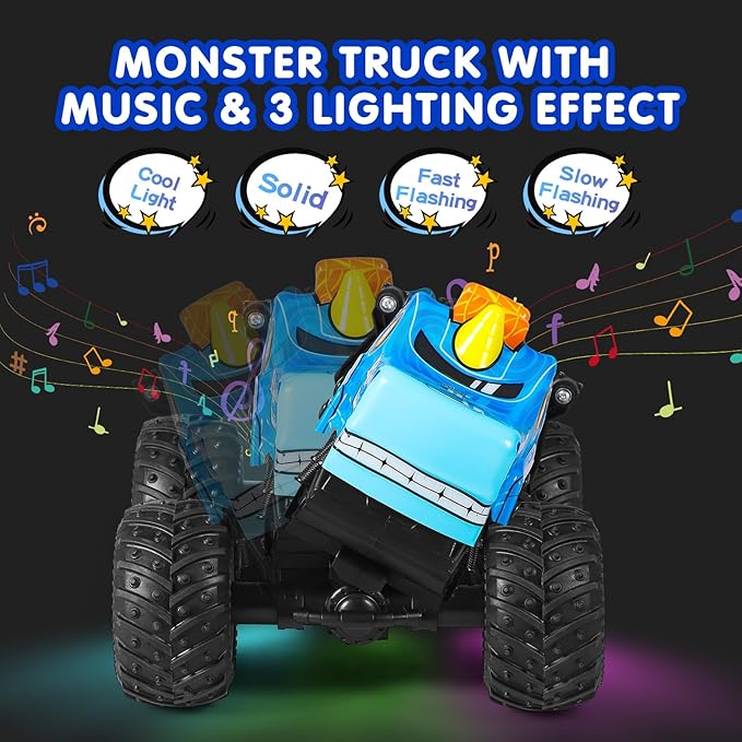 DYODYORC Remote Control Car, 2.4Ghz All Terrain Pony Monster Truck Toys, RC Truck with Music, 3 Lighting Effects, 360 Stunt Capable, All Included Ready to Run, Toy Gifts for Boys and Girls (Blue)