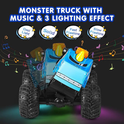 DYODYORC Remote Control Car, 2.4Ghz All Terrain Pony Monster Truck Toys, RC Truck with Music, 3 Lighting Effects, 360 Stunt Capable, All Included Ready to Run, Toy Gifts for Boys and Girls (Blue)