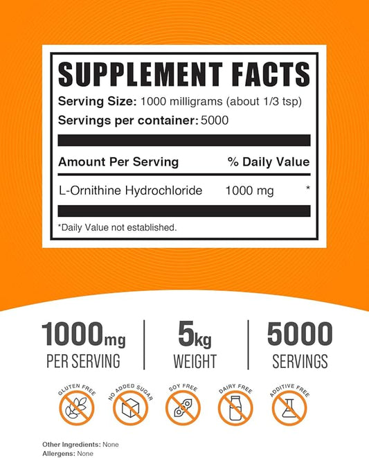 BulkSupplements.com L-Ornithine HCl Powder - L-Ornithine Hydrochloride, Ornithine Supplement - Amino Acids Supplement, Gluten Free, 1000mg per Serving, 5kg (11 lbs) (Pack of 5)