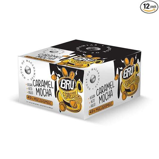 House of Macadamias BRU Bar, 50 mg Caffeine per bar, Espresso, Sugar Free, Caramel Mocha, Plant Based, Keto, Low Carb, Vegan, Paleo, Dairy free, Gluten-free, 12 x 1.4oz