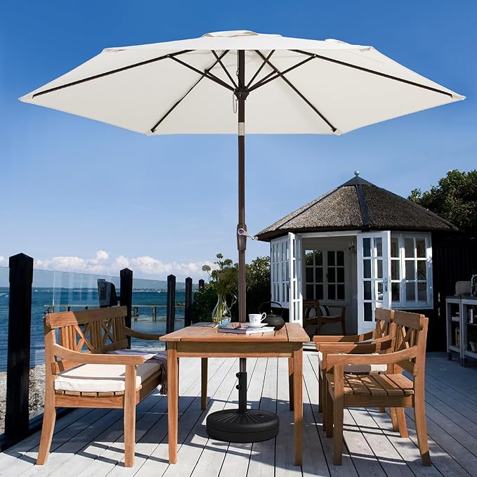 JEAREY 7.5FT Patio Umbrella Market Table Umbrella with 6 Sturdy Ribs, Push Button Tilt/Crank Outdoor Umbrella for Garden, Deck, Backyard, Pool and Beach,Creamy-White