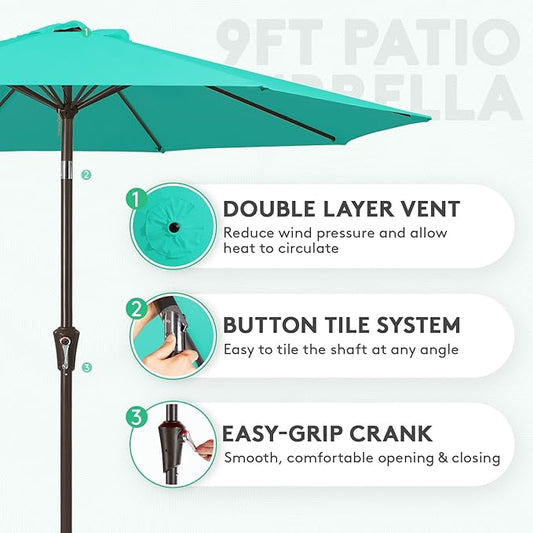 JEAREY 9FT Outdoor Patio Umbrella Outdoor Table Umbrella with Push Button Tilt and Crank, Market Umbrella 8 Sturdy Ribs UV Protection Waterproof for Garden, Deck, Backyard, Pool (Aqua Sky)