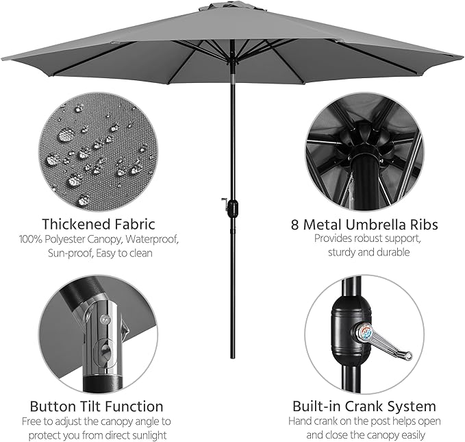 Yaheetech Patio Umbrella, 11FT Outdoor Table Market Umbrella with Push Button Tilt and Crank, Yard Umbrella with 8 Sturdy Ribs for Garden, Deck, Backyard, Pool, Gray