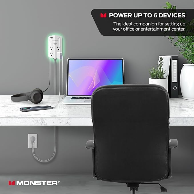 Monster Power Shield XL Surge Protector with Outlet Extender, Multiple Plug Outlet with 4 AC Outlets and 2 USB-A Ports, Reliable Wall Outlet with USB Ports
