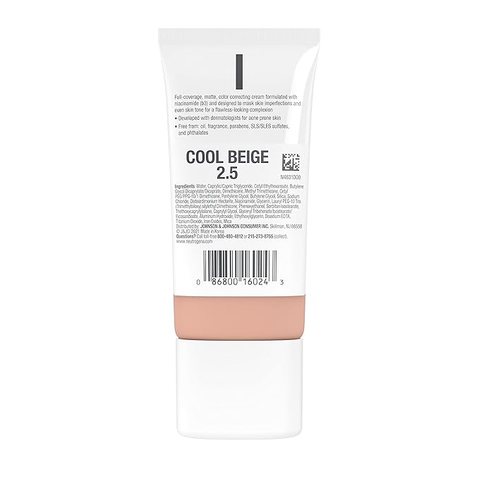 Neutrogena Clear Coverage Flawless Matte CC Cream, Full-Coverage Cool Beige, 1 oz