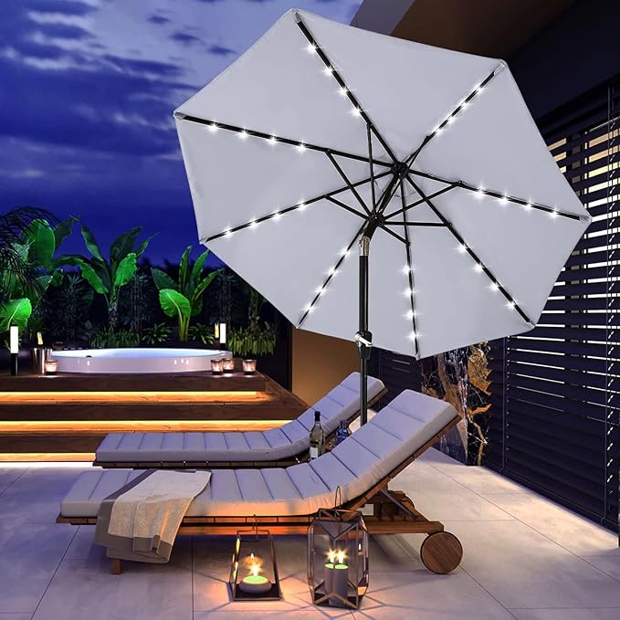 ABCCANOPY Durable Solar Led Patio Umbrellas with 32LED Lights 9FT (Light Gray)