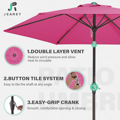 JEAREY 7.5FT Patio Umbrella Market Table Umbrella with 6 Sturdy Ribs, Push Button Tilt/Crank Outdoor Umbrella for Garden, Deck, Backyard, Pool and Beach,Rose Pink