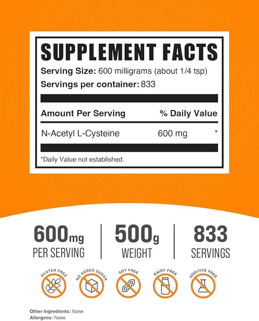 BulkSupplements.com NAC Powder - N-Acetyl Cysteine 600mg, NAC Supplement - Antioxidant Support, Gluten Free - 600mg per Serving, 833 Servings, 500g 1.1 lbs (Pack of 1)
