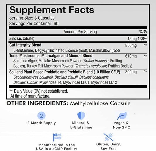 Codeage Gut Health Supplements Vegan Formula - L Glutamine, Zinc, Turkey Tail Mushroom Powder, Tonic Mushroom, Maitake, Micro Algae, Mineral, Licorice Root DGL - Probiotics, Prebiotics - 180 Capsules