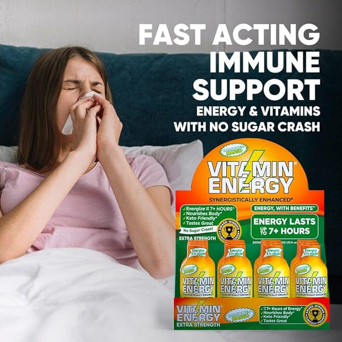 Vitamin Energy Immune+ Extra Strength Daily Energy Shot – Mango – 260mg Natural Caffeine, B-Vitamins, Green Tea, Citicoline – Immune & Focus Support – Zero Sugar, Vegan – 1.93 fl oz, 48-Pack