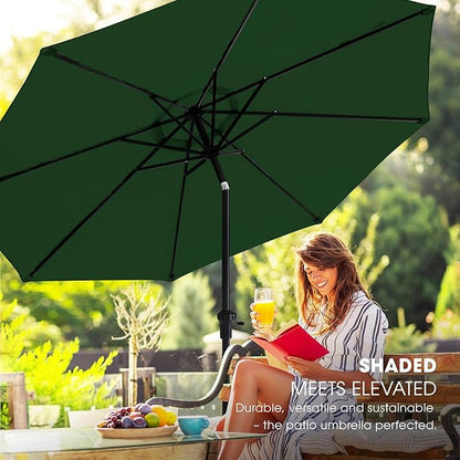 wikiwiki 9 FT Patio Umbrellas Outdoor Table Market Umbrella with Push Button Tilt/Crank, 8 Sturdy Ribs, Fade Resistant Waterproof POLYESTER DTY Canopy for Garden, Lawn, Backyard & Pool, Dark Green