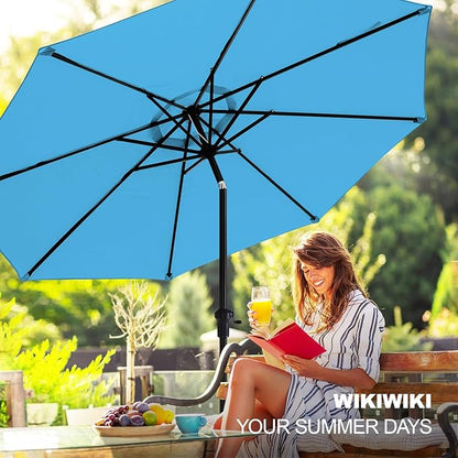 wikiwiki 11 FT Patio Umbrellas Outdoor Table Market Umbrella with Push Button Tilt/Crank,8 Sturdy Ribs, Fade Resistant Waterproof POLYESTER DTY Canopy for Garden, Lawn, Deck, Backyard & Pool, Sky Blue
