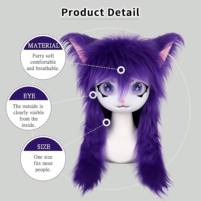 JUNBOON Furry Animal Headgear Beast Full Head Mask Headwear Doll Cosplay Costume Halloween Fursuit