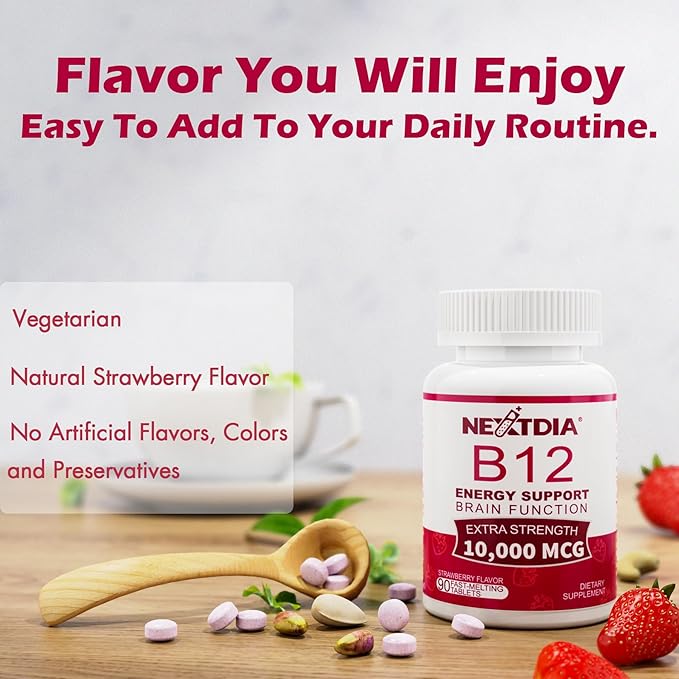 Vitamin B12, Methylcobalamin 10000 mcg, Bioactive B12 Vitamins, Vegan Methyl B12 For Energy Metabolism & Cells, Boost Immune System, Natural Strawberry Flavor, Zero Sugar, 90 Fast Dissolve Tablets