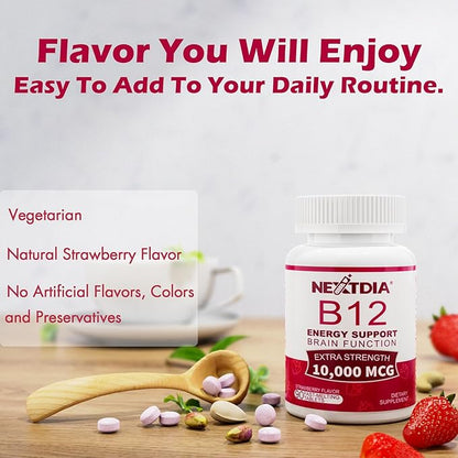 Vitamin B12, Methylcobalamin 10000 mcg, Bioactive B12 Vitamins, Vegan Methyl B12 For Energy Metabolism & Cells, Boost Immune System, Natural Strawberry Flavor, Zero Sugar, 90 Fast Dissolve Tablets