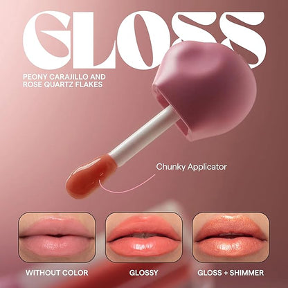 SARELLY CREATIVO LAB | Makeup Set Clear Lip Gloss + Shimmer and Shine | Beauty Vegan Skincare Make Up - Trending Lip Makeup | Peony Carajillo & Rose Quartz flakes