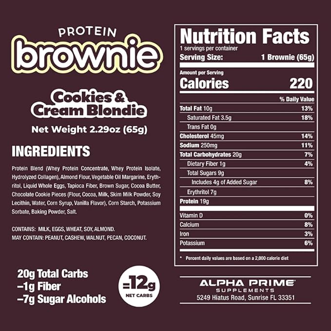 Prime Bites Protein Brownie from Alpha Prime Supplements, 16-17g Protein, 5g Collagen, Delicious Guilt-Free Snack,12 bars per box (Cookie and Cream Blondie)