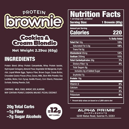 Prime Bites Protein Brownie from Alpha Prime Supplements, 16-17g Protein, 5g Collagen, Delicious Guilt-Free Snack,12 bars per box (Cookie and Cream Blondie)