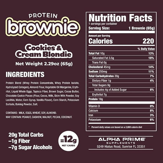 Prime Bites Protein Brownie from Alpha Prime Supplements, 16-17g Protein, 5g Collagen, Delicious Guilt-Free Snack,12 bars per box (Cookie and Cream Blondie)