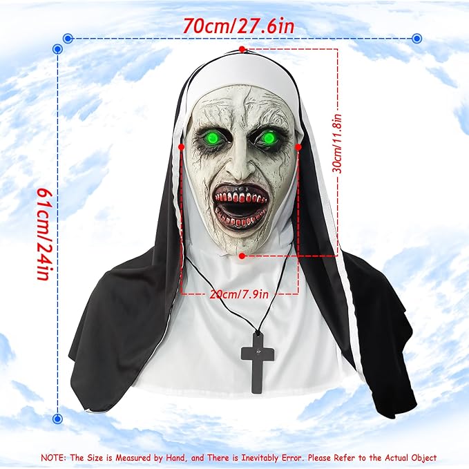 2024 Nun Scary Mask,Halloween Party Scary Full Head Costume Mask with cross necklace