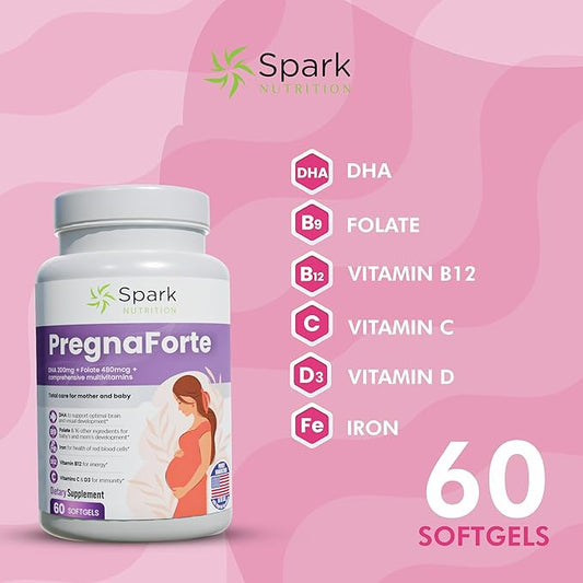 Pregnaforte 1 a day Prenatal vitamins for women 2 month: Folic acid, Fish Oil Omega 3 DHA/EPA, Vitamin D3, B6, Vitmain B12, C, E, Calcium, Iron, Magnesium, Zinc supplement FSA HSA eligble multivitamin
