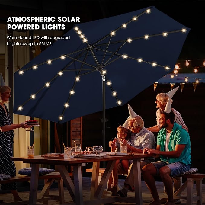 wikiwiki 10ft Solar Led Patio Umbrella, Sturdy Outdoor Market Umbrella for Deck, Pool, Garden w/Tilt, Crank, 32 LED Lights, Navy Blue