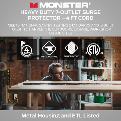 Monster Workshop Heavy-Duty Garage Power Strip Surge Protector - Mountable Heavy-Duty Wide-Spaced 7 Grounded AC Outlets with 4ft Angled Flat Plug - 1200 Joules - ETL Listed