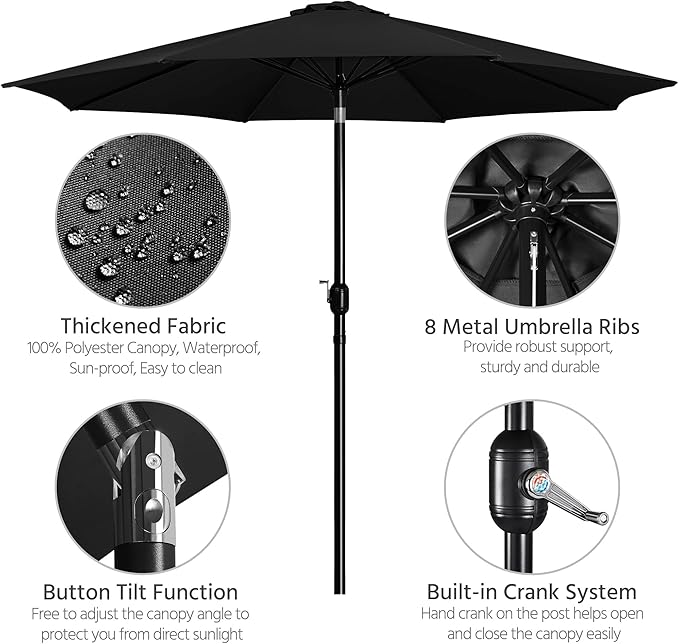 Yaheetech Patio Umbrella, 11FT Outdoor Table Market Umbrella with Push Button Tilt and Crank, Yard Umbrella with 8 Sturdy Ribs for Garden, Deck, Backyard, Pool, Black