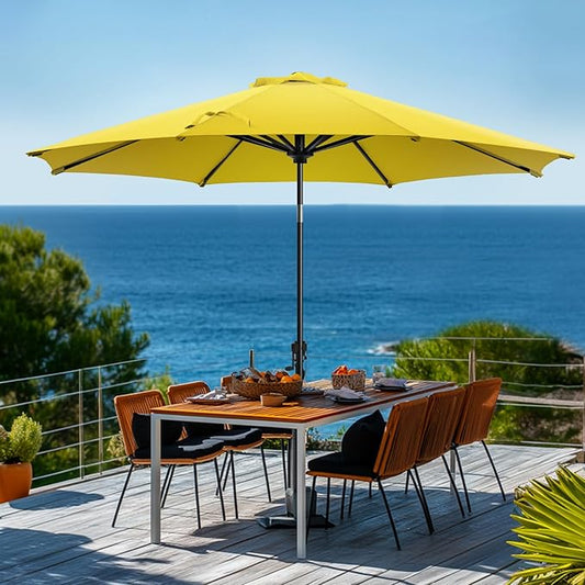 wikiwiki 9 FT Patio Umbrellas Outdoor Table Market Umbrella with Push Button Tilt/Crank, 8 Sturdy Ribs, Fade Resistant Waterproof POLYESTER DTY Canopy for Garden, Lawn, Deck, Backyard & Pool, Yellow