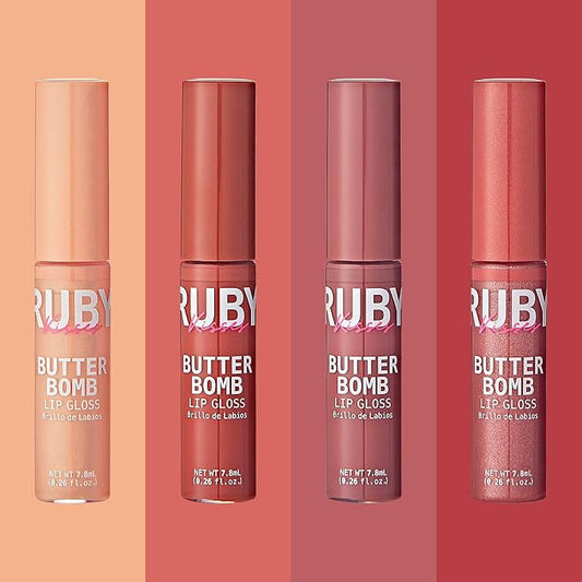 Ruby Kisses Lip Gloss Butter Bomb Gloss Non-Sticky Lip Gloss Vitamin E Natural Nude Lip Makeup- 7.8mL (0.26 US fl.oz) without Box (Champagne, Warm Hug, Flirty, Pilowtalk)