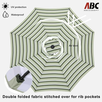 ABCCANOPY 9FT Patio Umbrella - Outdoor Waterproof Table Umbrella with Push Button Tilt and Crank, 8 Ribs UV Protection Pool Umbrella for Garden, Lawn, Deck & Backyard (Green Stripes)