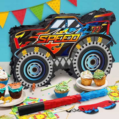 Monster Truck Pinata Car with Stick and Blindfold for Boys' Birthday Party Decoration