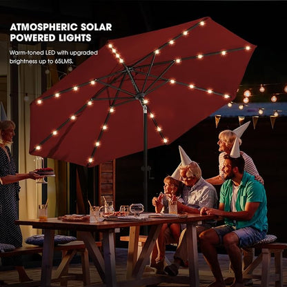 wikiwiki 9ft Solar Led Patio Umbrella, Sturdy Outdoor Market Umbrella for Deck, Pool, Garden w/Tilt, Crank, 32 LED Lights, Burgundy Red