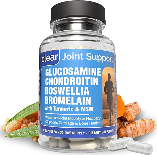 Glucosamine Chondroitin MSM Turmeric - Clear Maximum Joint Support, Healthy Cartilage Growth, Joint Flexibility Mobility, Bone Health - 2,075mg with Boswellia Quercetin Bromelain - 90 Capsules