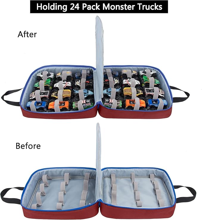 KISLANE Carrying Case for 24 Monster Jam Trucks, Kids Toy Truck Storage Compatible with 24 Monster Jam Trucks, Holding for 1:64 Scale Monster Jam Trucks (Red)