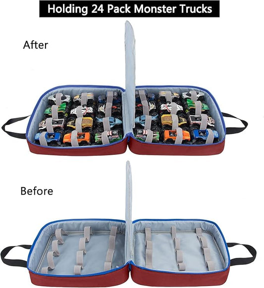 KISLANE Carrying Case for 24 Monster Jam Trucks, Kids Toy Truck Storage Compatible with 24 Monster Jam Trucks, Holding for 1:64 Scale Monster Jam Trucks (Red)