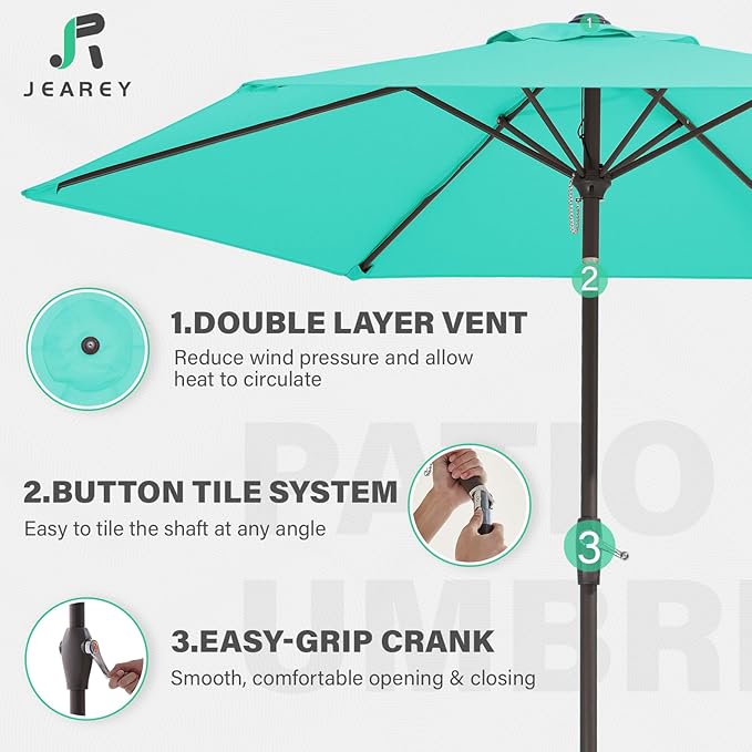 JEAREY 7.5FT Patio Umbrella Market Table Umbrella with 6 Sturdy Ribs, Push Button Tilt/Crank Outdoor Umbrella for Garden, Deck, Backyard, Pool and Beach,Aqua Sky
