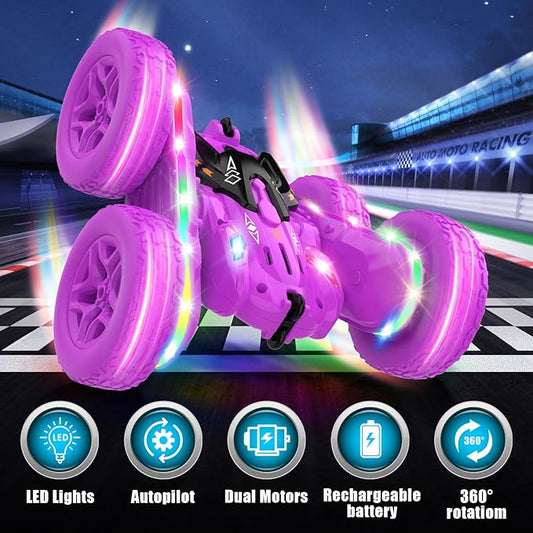 Remote Control Car,RC Cars with sides light strip and Headlights,Double Sided 360 Flips Rotating RC Stunt Car,2.4Ghz All Terrain Toys for Ages 4-6 Kid Toy for Boys Girls Birthday Gift(Purple)