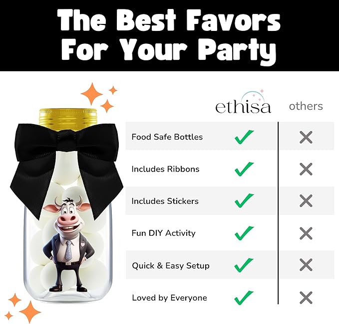 Small 12 Pack Cow Party Favors - DIY Candy Jars with Ribbons and Stickers - Party Decoration Bottles for Birthday, Baby Shower and School Classroom - Holy Cow Print Table Centerpiece for Kids