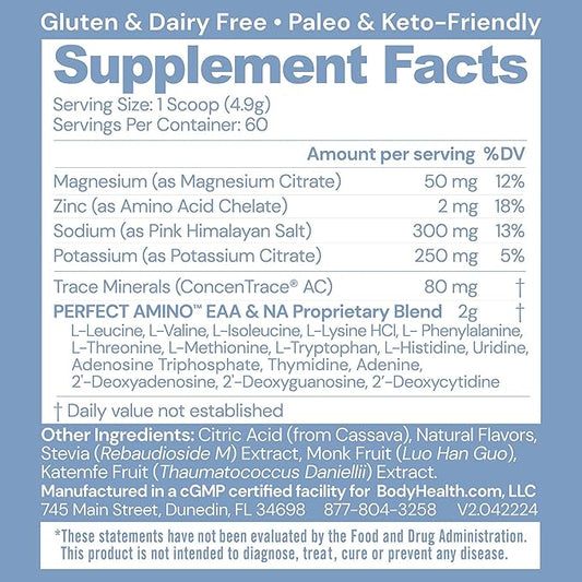 BodyHealth PerfectAmino Electrolytes Powder, Hydration Powder, Sugar Free Electrolyte Drink Mix, Keto Electrolytes Powder, Non GMO, Passion Fruit Flavor (60 Servings)