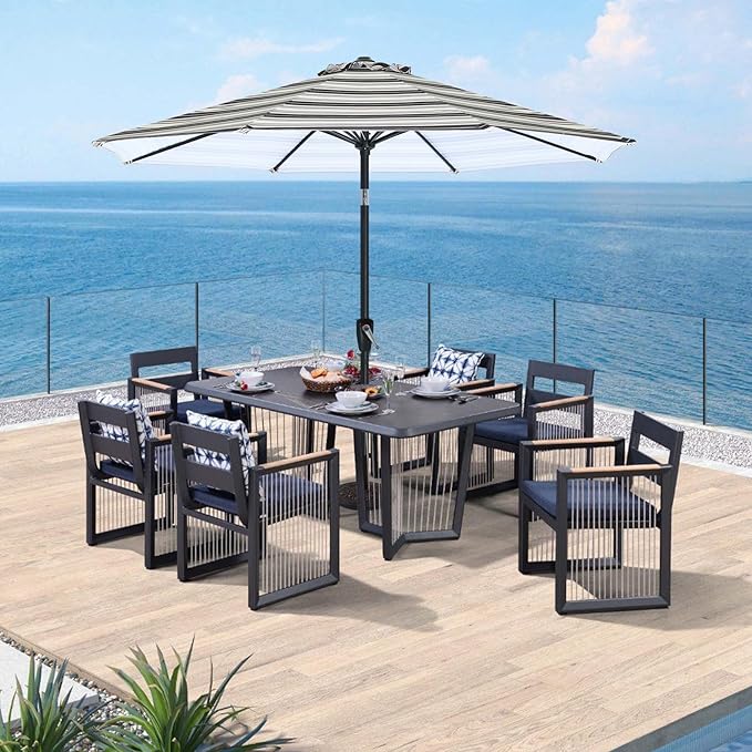ABCCANOPY 9FT Outdoor Patio Umbrella, 8 Ribs Table Umbrella w/Crank for Easy Set Up, Suitable for Garden, Lawn, Deck & Backyard (Dark Blue Stripes)