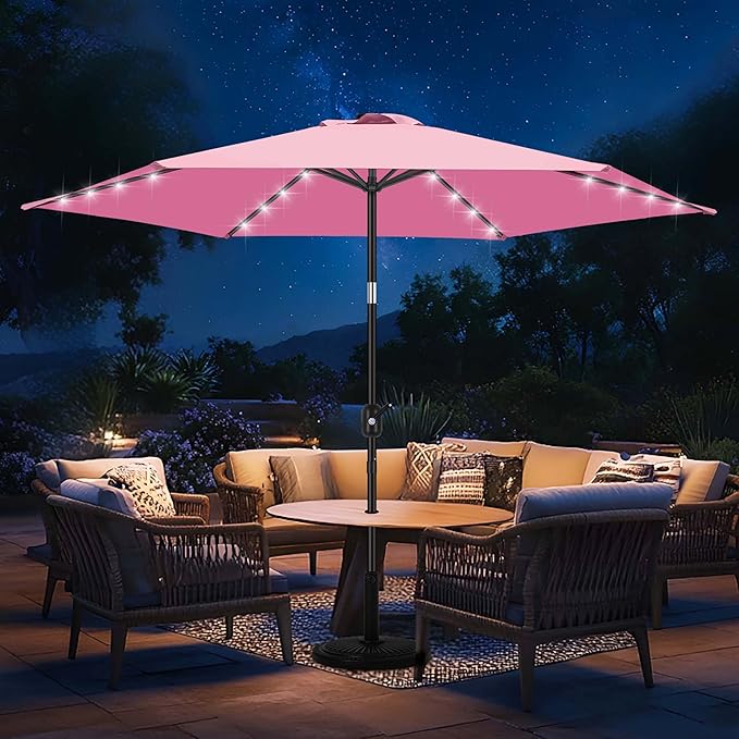FRUITEAM Solar Lights Patio Umbrella, 7.5FT Heavy Duty Outdoor Umbrella with High-Strength Frame & LED Lights, All-Weather UV Protection Sun Shade for Poolside, Garden, Backyard (Pink)